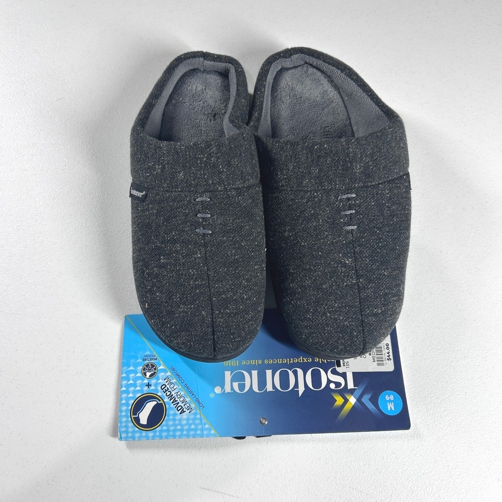 Isotoner Men's Charcoal Gray Tweed Moccasin Slippers‎ Size Medium 8-9 NEW